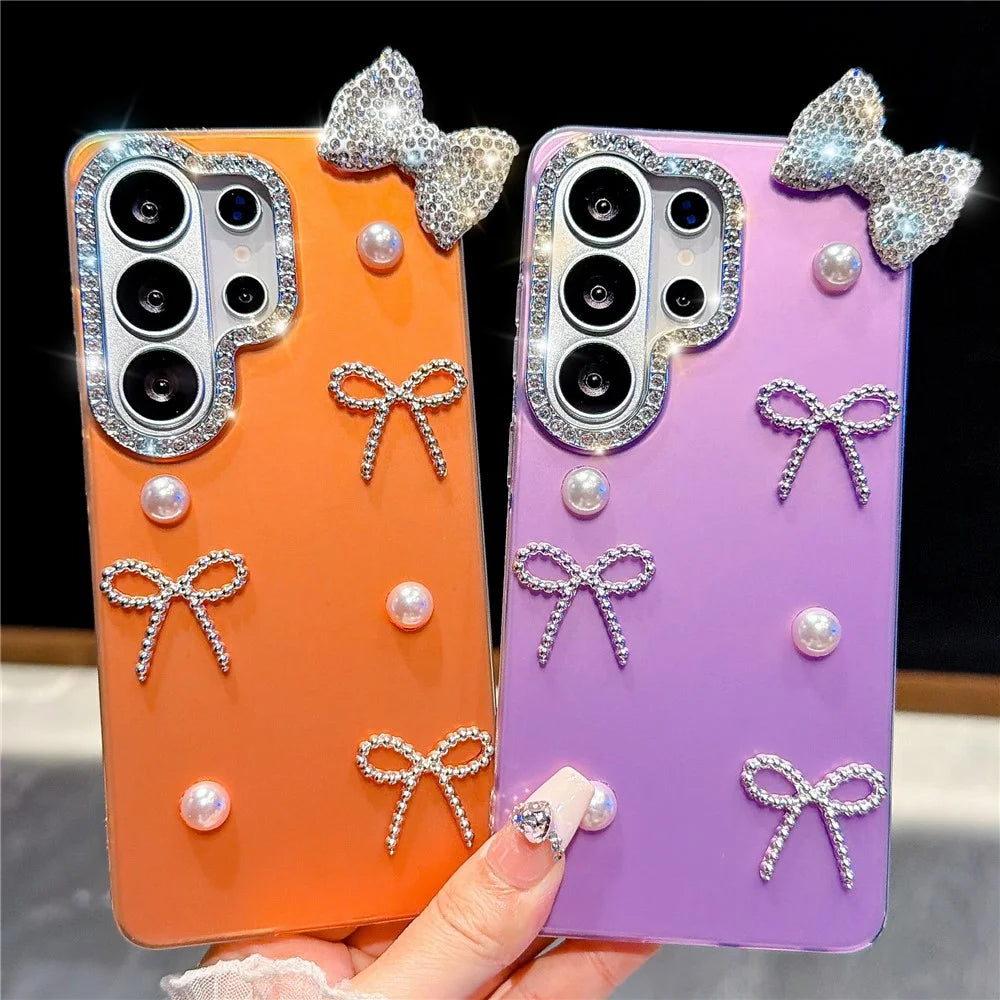 For Samsung Galaxy S26 Ultra Case Pearl Bow Decor PC + TPU IMD Phone Cover with Rhinestone Camera Ring - Classic Black - 4
