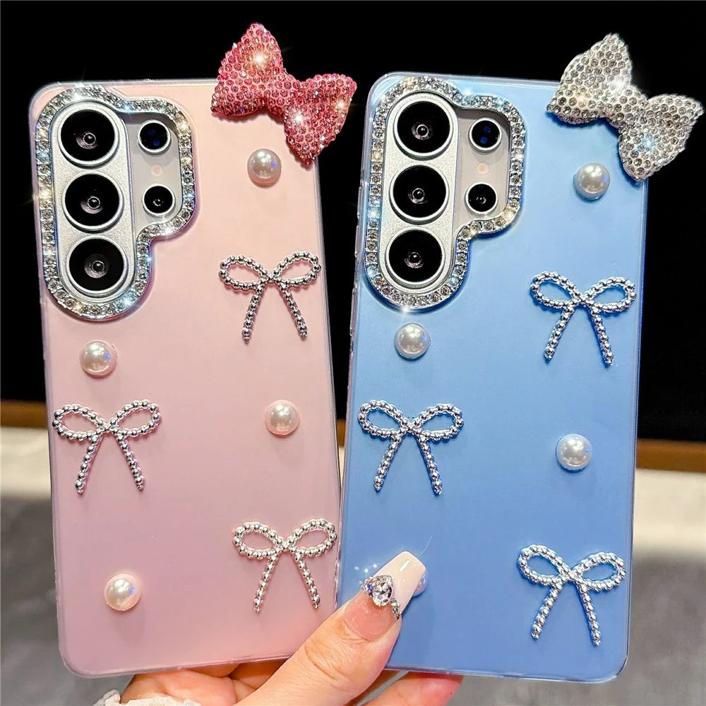 For Samsung Galaxy S26 Ultra Case Pearl Bow Decor PC + TPU IMD Phone Cover with Rhinestone Camera Ring - Classic Black - 5