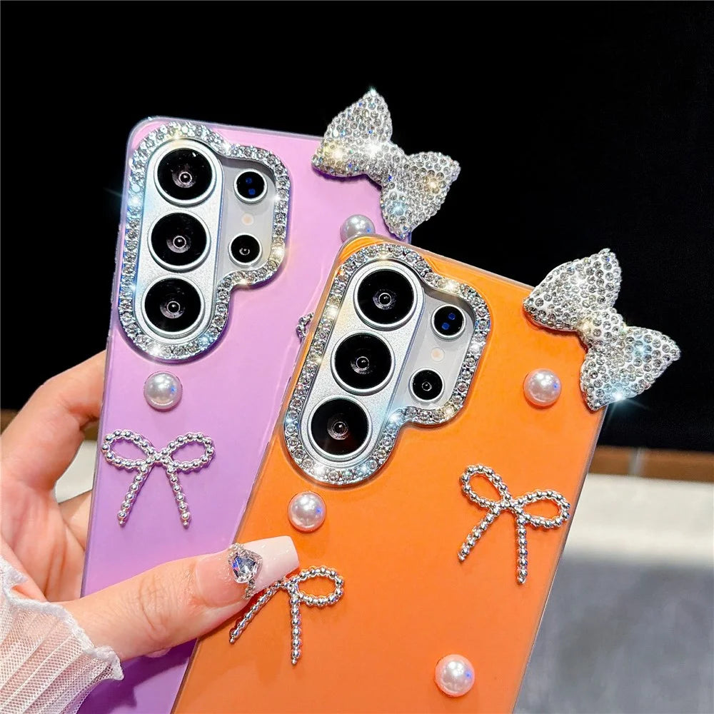 For Samsung Galaxy S26 Ultra Case Pearl Bow Decor PC + TPU IMD Phone Cover with Rhinestone Camera Ring - Classic Black - 6