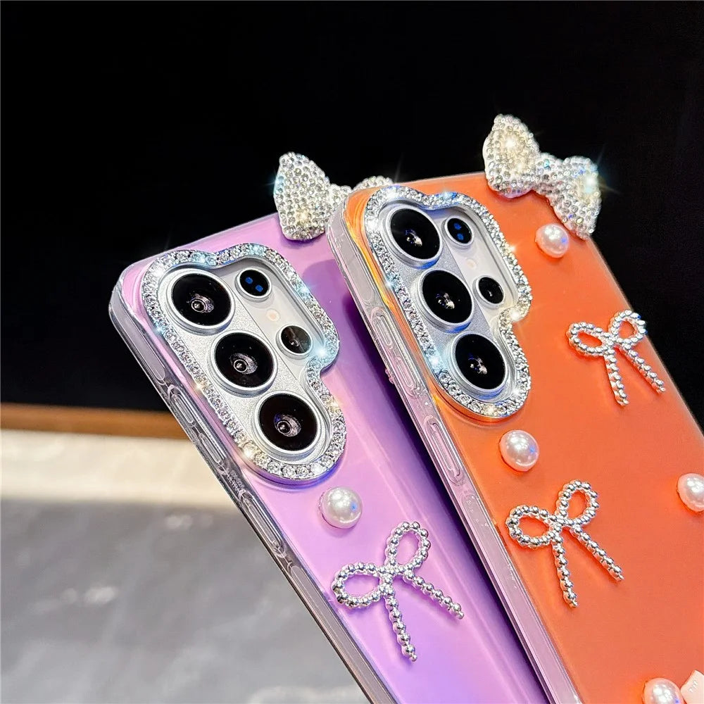For Samsung Galaxy S26 Ultra Case Pearl Bow Decor PC + TPU IMD Phone Cover with Rhinestone Camera Ring - Classic Black - 7