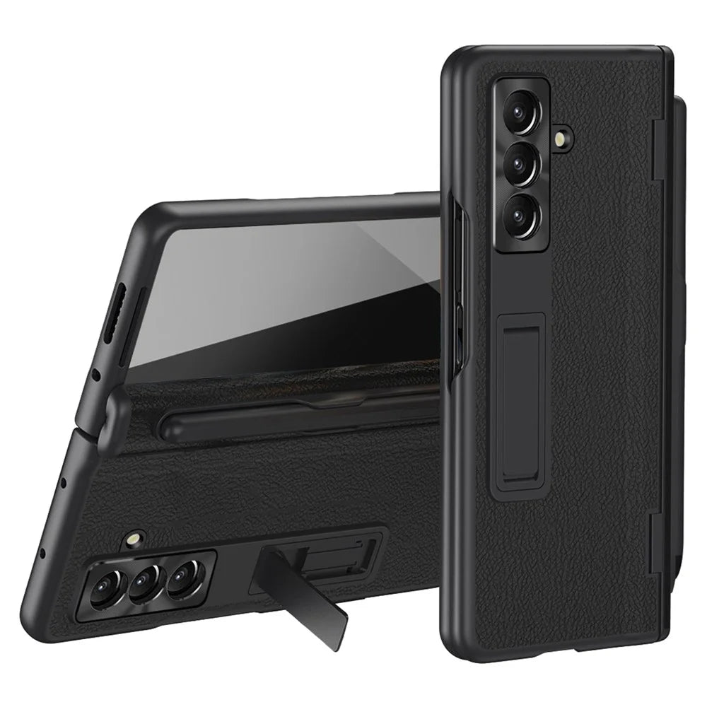 For Samsung Galaxy Z Fold8 Ultra Case Kickstand PC + PU Leather Folding Phone Cover with Screen Protector and Stylus - Black - 1