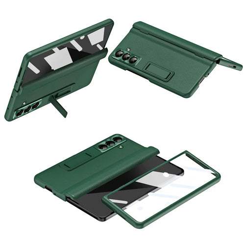 For Samsung Galaxy Z Fold8 Ultra Case with Tempered Glass Film Kickstand PC  + PU Leather Folding Phone Cover - Green - 1