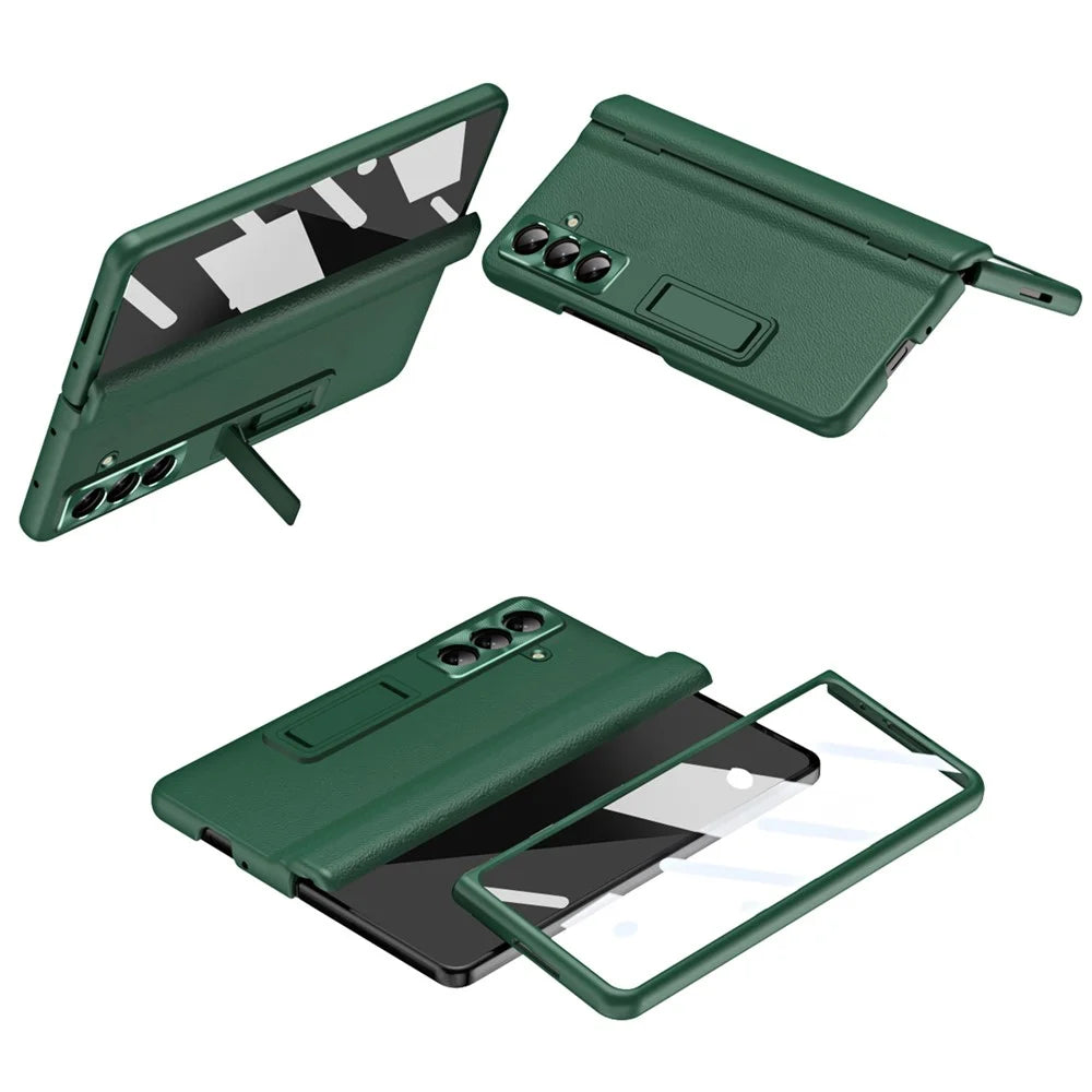 For Samsung Galaxy Z Fold8 Ultra Case with Tempered Glass Film Kickstand PC  + PU Leather Folding Phone Cover - Green - 1