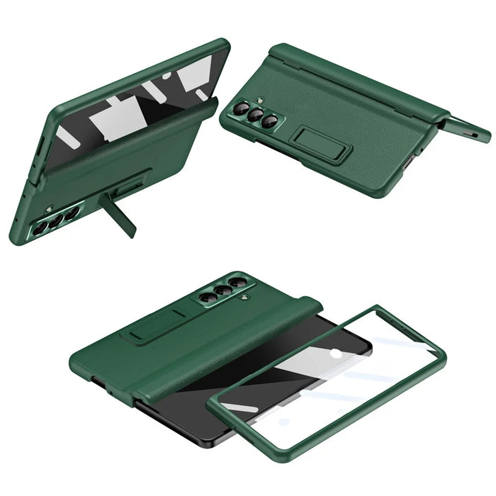 For Samsung Galaxy Z Fold8 Ultra Case with Tempered Glass Film Kickstand PC  + PU Leather Folding Phone Cover - Green - 1