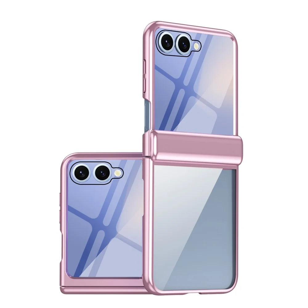 For Samsung Galaxy Z Flip8 Case with Rear Screen Film Hinge Protection Electroplating Clear PC Phone Cover -Pink - 1
