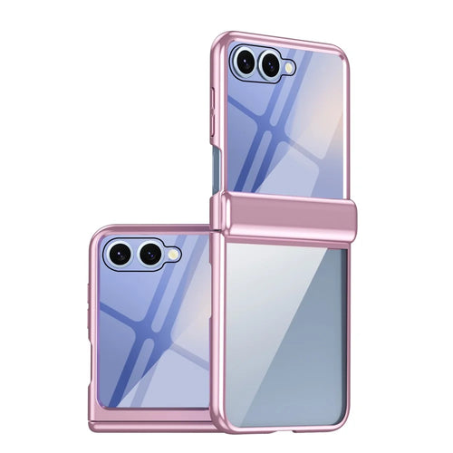 For Samsung Galaxy Z Flip8 Case with Rear Screen Film Hinge Protection Electroplating Clear PC Phone Cover -Pink - 1