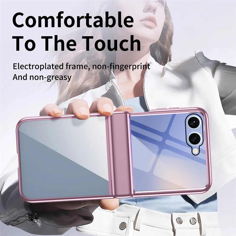 For Samsung Galaxy Z Flip8 Case with Rear Screen Film Hinge Protection Electroplating Clear PC Phone Cover -Pink - 3