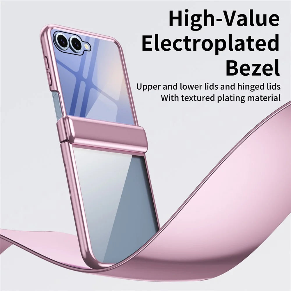 For Samsung Galaxy Z Flip8 Case with Rear Screen Film Hinge Protection Electroplating Clear PC Phone Cover -Pink - 4