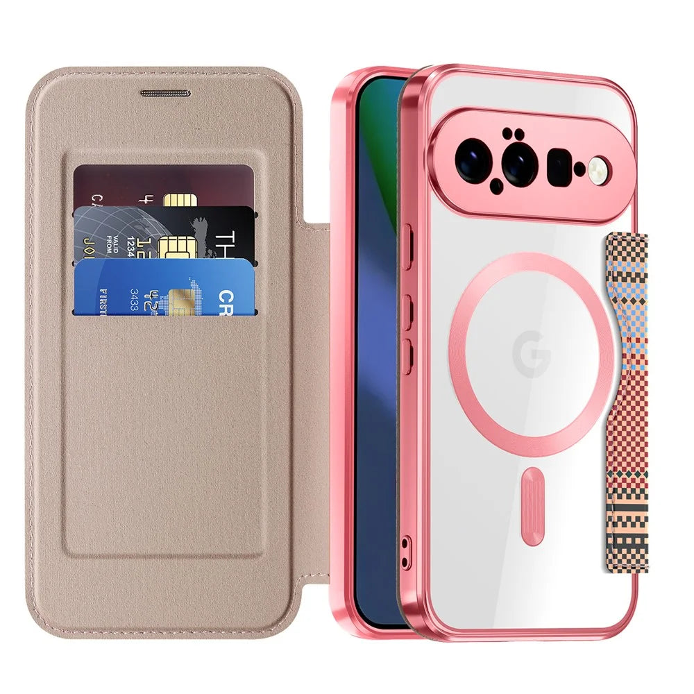 For Google Pixel 11 Magnetic Case RFID Blocking Card Slots Leather Cover - Pink - 2