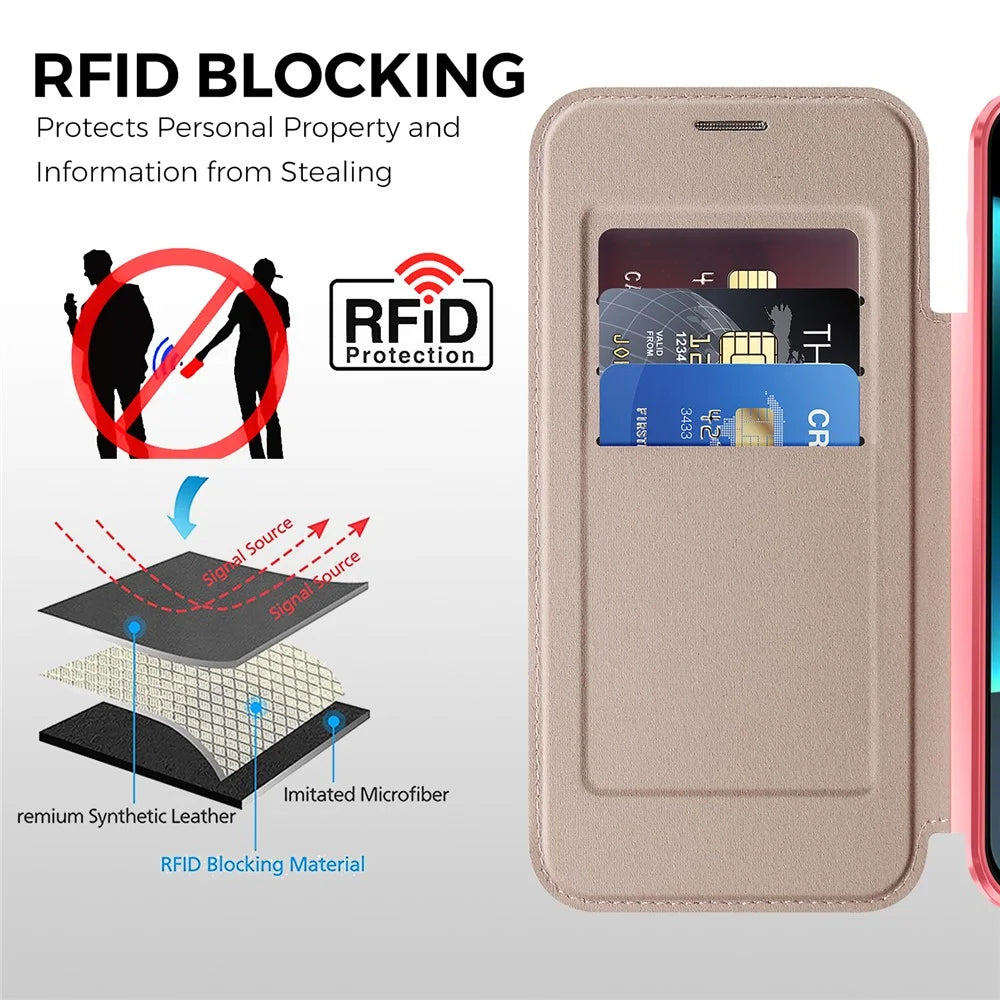 For Google Pixel 11 Magnetic Case RFID Blocking Card Slots Leather Cover - Pink - 4
