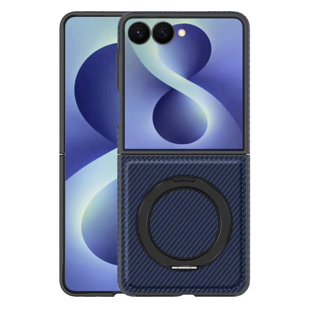 For Samsung Galaxy Z Flip8 Magnetic Case with Kickstand Carbon Fiber Texture PU Leather Phone Back Cover - Sapphire - 1