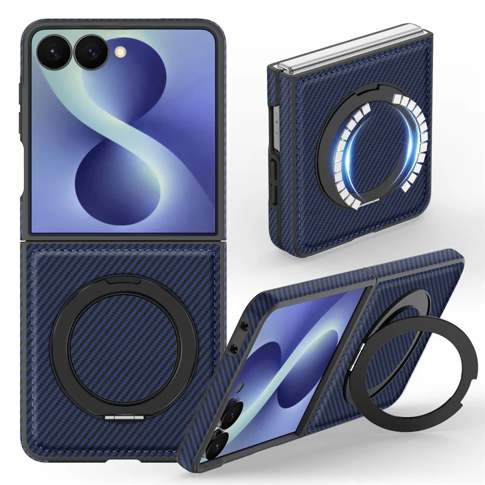 For Samsung Galaxy Z Flip8 Magnetic Case with Kickstand Carbon Fiber Texture PU Leather Phone Back Cover - Sapphire - 2