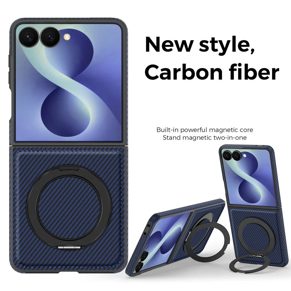 For Samsung Galaxy Z Flip8 Magnetic Case with Kickstand Carbon Fiber Texture PU Leather Phone Back Cover - Sapphire - 3