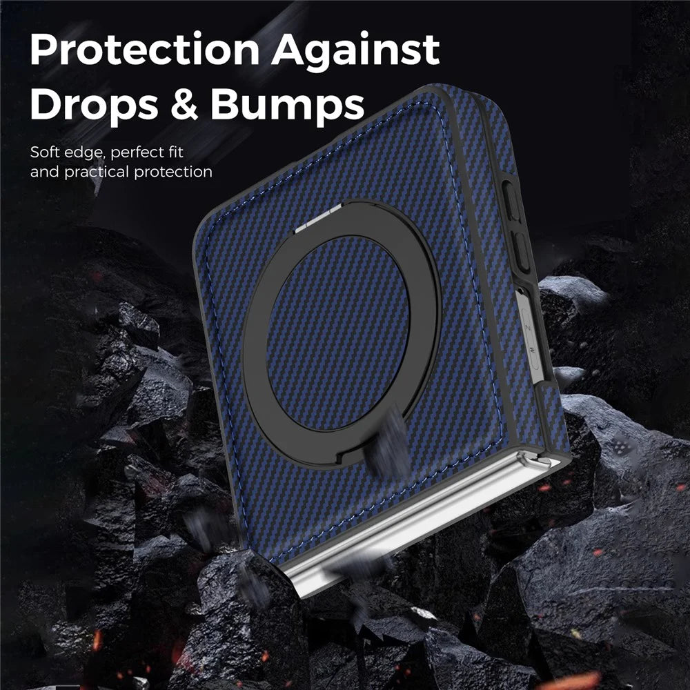 For Samsung Galaxy Z Flip8 Magnetic Case with Kickstand Carbon Fiber Texture PU Leather Phone Back Cover - Sapphire - 4