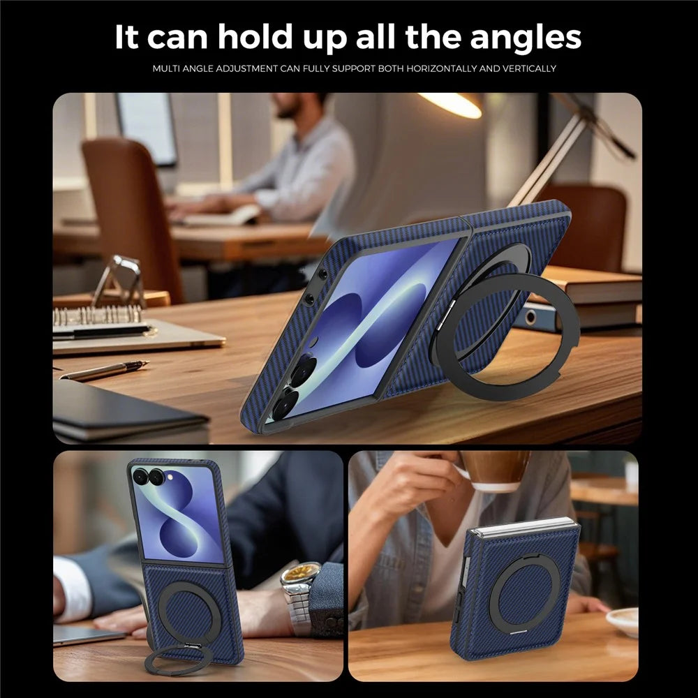 For Samsung Galaxy Z Flip8 Magnetic Case with Kickstand Carbon Fiber Texture PU Leather Phone Back Cover - Sapphire - 5