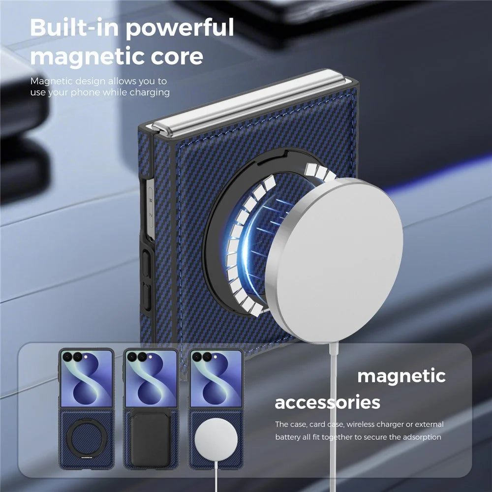 For Samsung Galaxy Z Flip8 Magnetic Case with Kickstand Carbon Fiber Texture PU Leather Phone Back Cover - Sapphire - 7