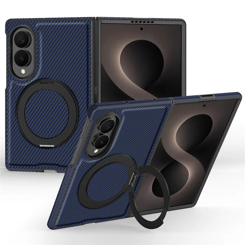 For Samsung Galaxy Z Fold8 Magnetic Case with Kickstand Carbon Fiber Texture PU Leather Phone Back Cover - Sapphire - 1