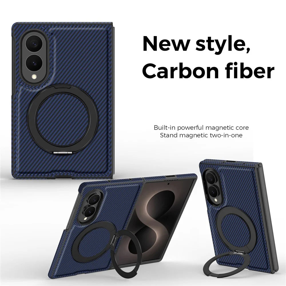 For Samsung Galaxy Z Fold8 Magnetic Case with Kickstand Carbon Fiber Texture PU Leather Phone Back Cover - Sapphire - 2