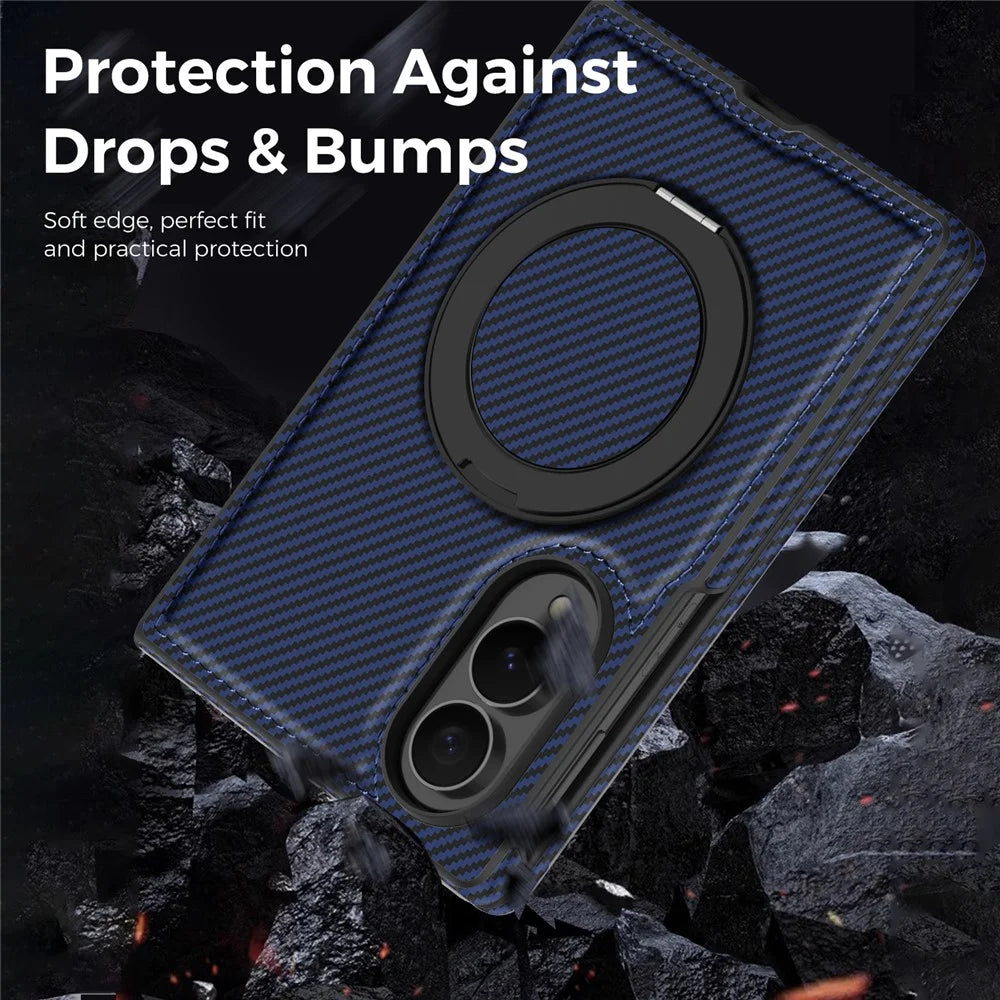 For Samsung Galaxy Z Fold8 Magnetic Case with Kickstand Carbon Fiber Texture PU Leather Phone Back Cover - Sapphire - 3