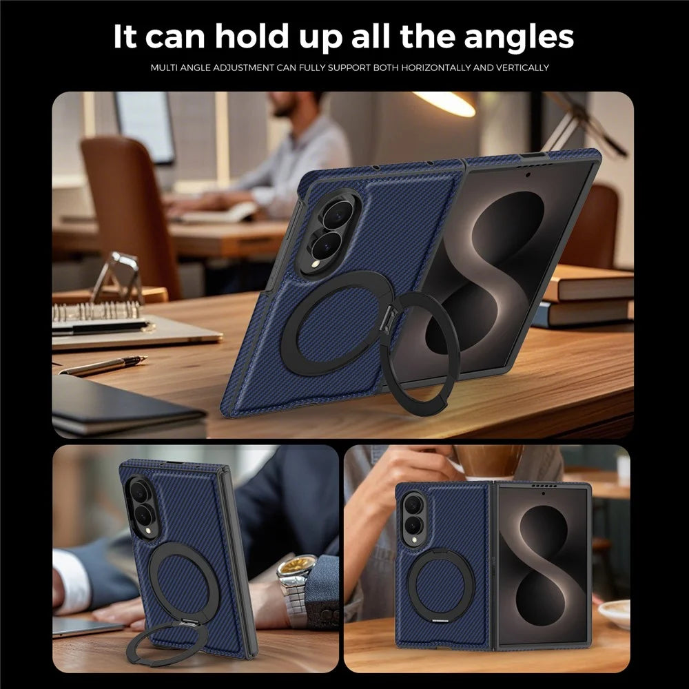 For Samsung Galaxy Z Fold8 Magnetic Case with Kickstand Carbon Fiber Texture PU Leather Phone Back Cover - Sapphire - 4