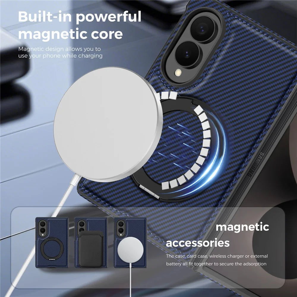 For Samsung Galaxy Z Fold8 Magnetic Case with Kickstand Carbon Fiber Texture PU Leather Phone Back Cover - Sapphire - 6