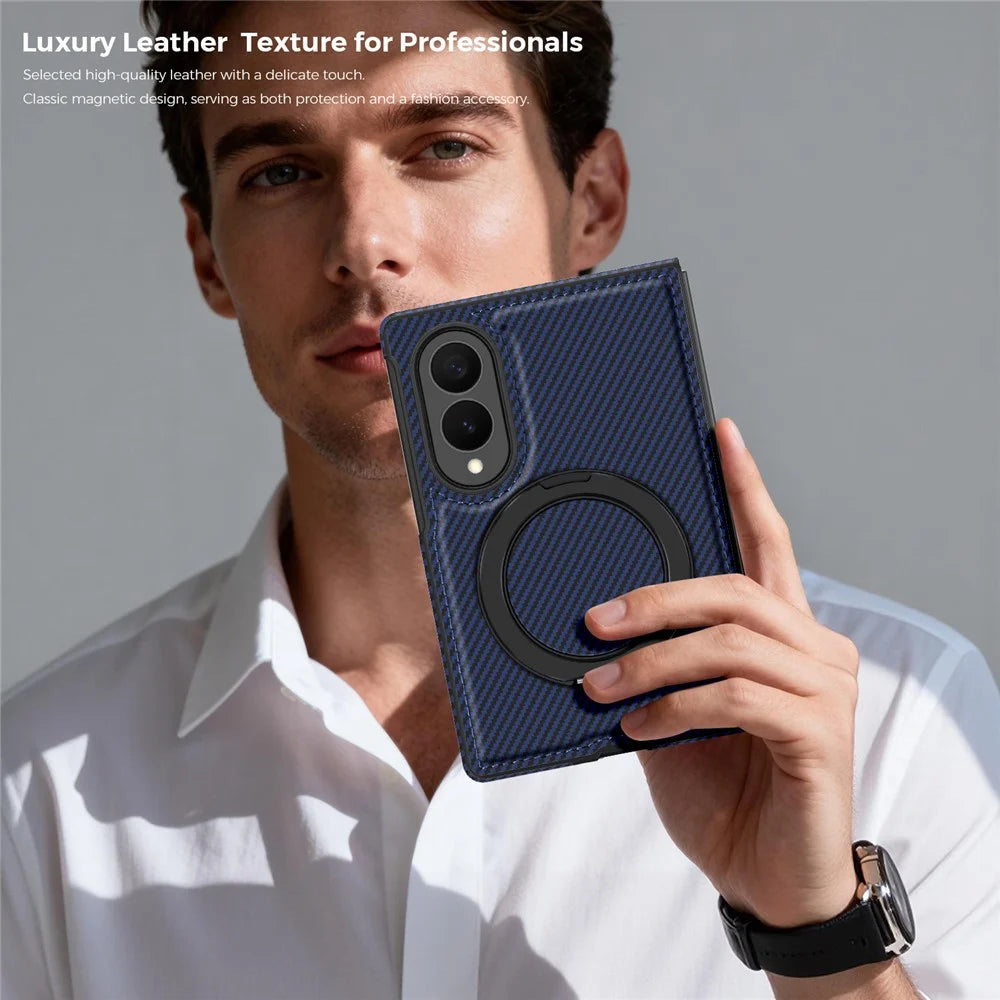 For Samsung Galaxy Z Fold8 Magnetic Case with Kickstand Carbon Fiber Texture PU Leather Phone Back Cover - Sapphire - 7