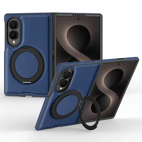 For Samsung Galaxy Z Fold8 Magnetic Case with Ring Kickstand PU Leather Back Cover - Sapphire - 1