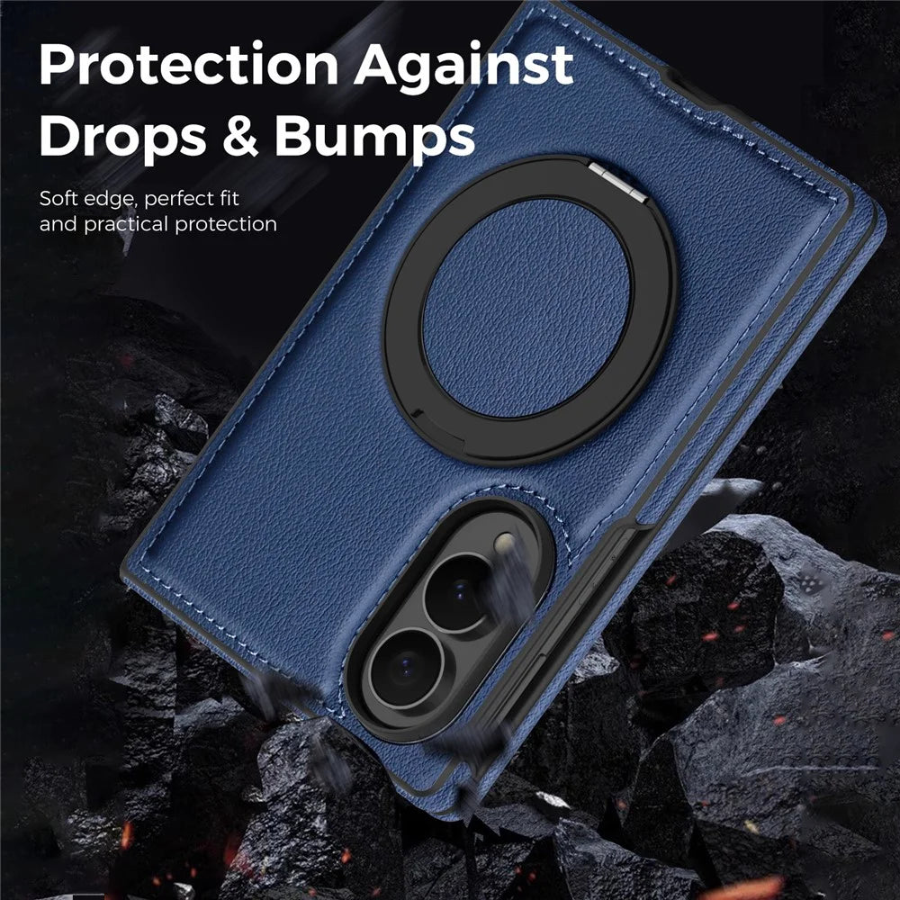 For Samsung Galaxy Z Fold8 Magnetic Case with Ring Kickstand PU Leather Back Cover - Sapphire - 3