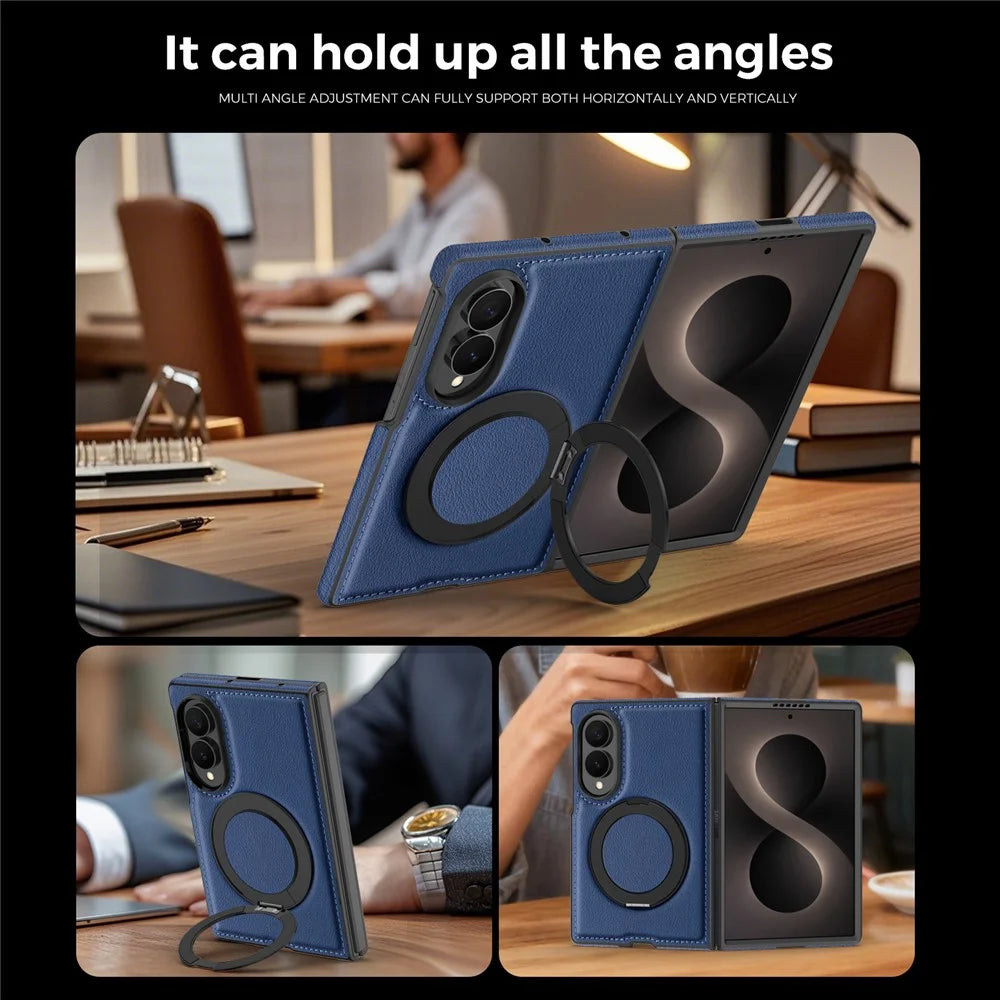 For Samsung Galaxy Z Fold8 Magnetic Case with Ring Kickstand PU Leather Back Cover - Sapphire - 4