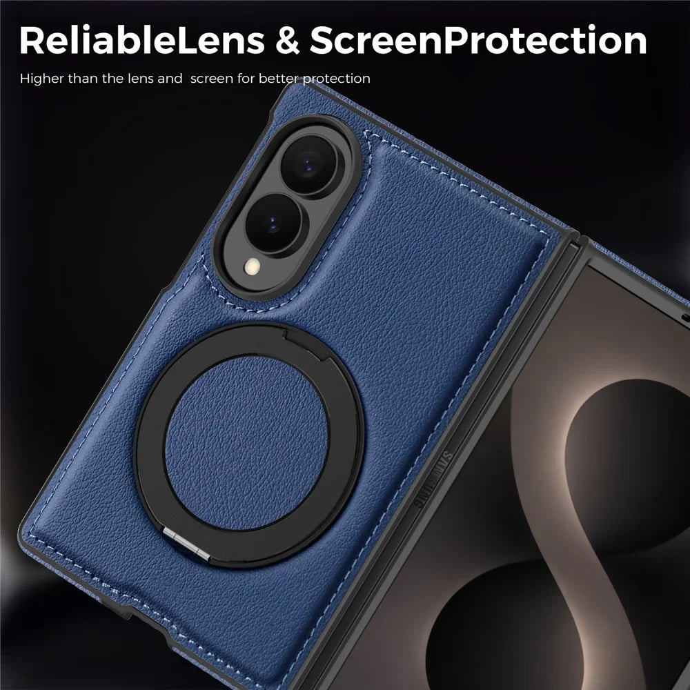 For Samsung Galaxy Z Fold8 Magnetic Case with Ring Kickstand PU Leather Back Cover - Sapphire - 5