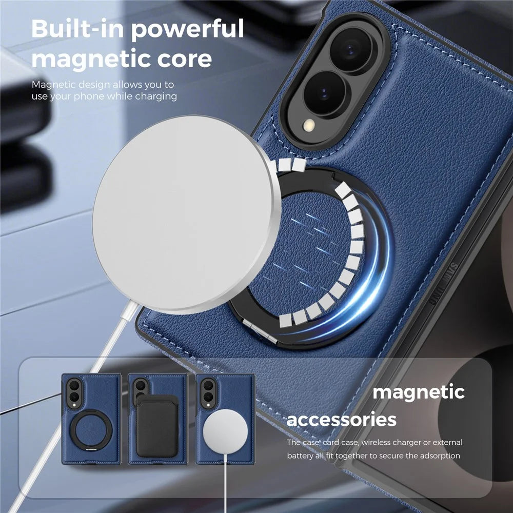 For Samsung Galaxy Z Fold8 Magnetic Case with Ring Kickstand PU Leather Back Cover - Sapphire - 6
