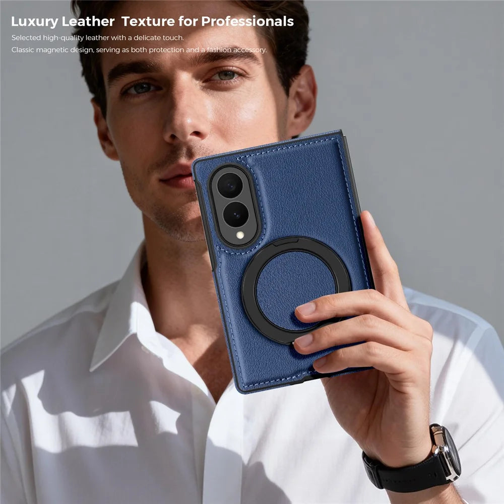 For Samsung Galaxy Z Fold8 Magnetic Case with Ring Kickstand PU Leather Back Cover - Sapphire - 7
