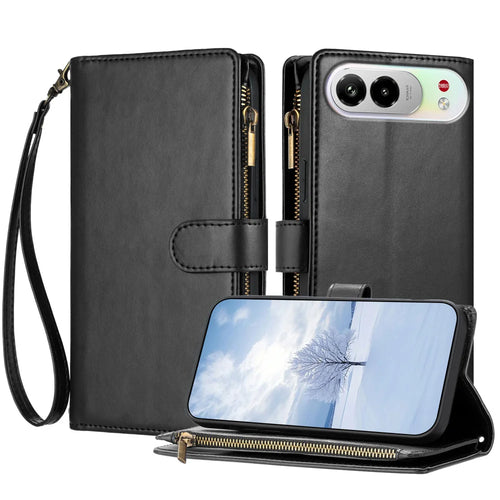 For ZTE nubia Air Pro 5G Leather Case Zipper Wallet Stand Shockproof Phone Cover with Wrist Strap - Black - 1