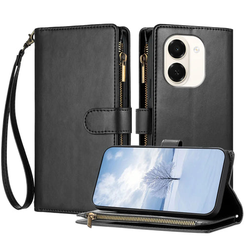 For Wiko Hi Enjoy 80 Plus 5G / Honor X7e 4G Leather Case Zipper Wallet Stand Shockproof Phone Cover with Wrist Strap - Black - 1