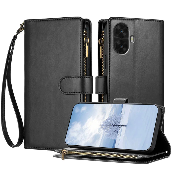 For TCL K70 Nxtpaper 5G Leather Case Zipper Wallet Stand Shockproof Phone Cover with Wrist Strap - Black - 1