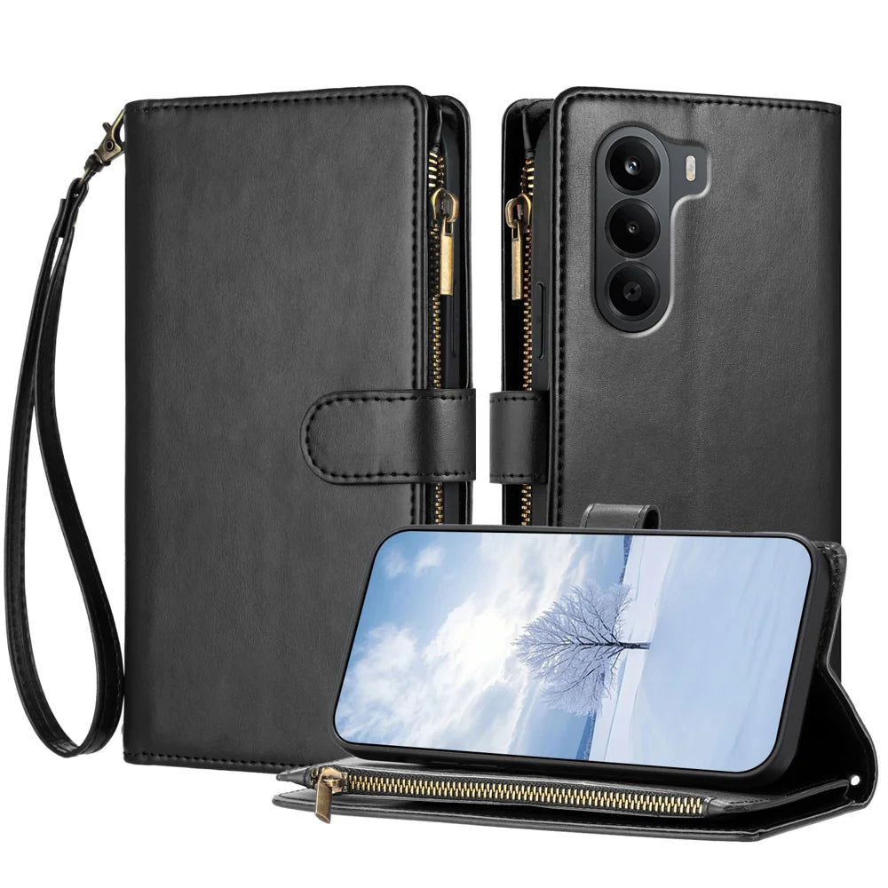 For OnePlus Turbo 6X 5G Leather Case Zipper Wallet Stand Shockproof Phone Cover with Wrist Strap - Black - 1
