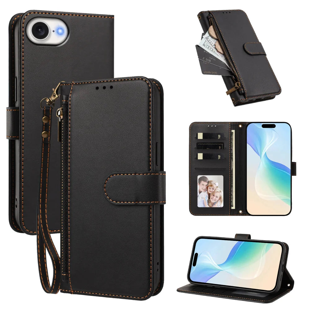 For iPhone 16e / iPhone 17e Case 4 Card Slots Wallet Stand PU Leather Phone Cover with Wrist Strap - Black - 1