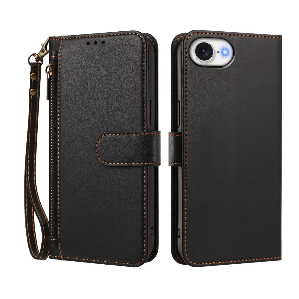 For iPhone 16e / iPhone 17e Case 4 Card Slots Wallet Stand PU Leather Phone Cover with Wrist Strap - Black - 2