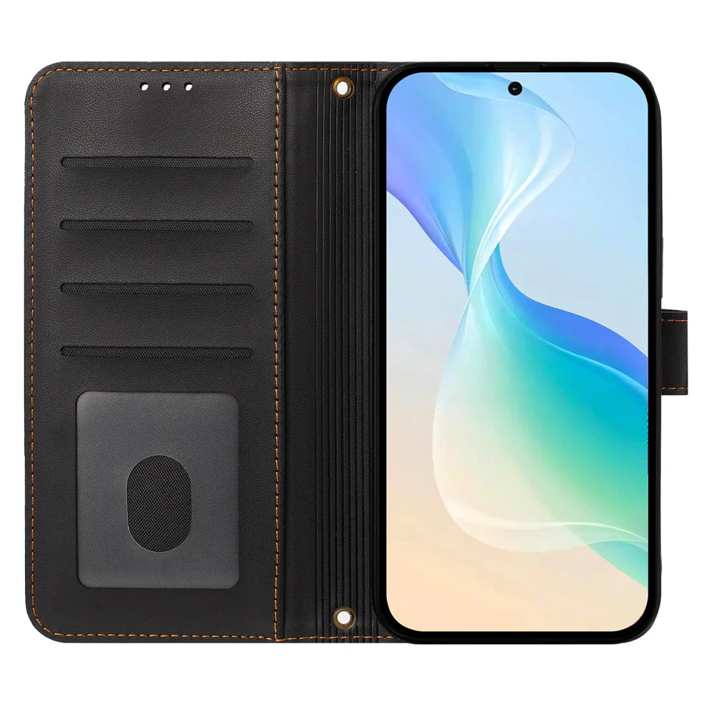 For iPhone 16e / iPhone 17e Case 4 Card Slots Wallet Stand PU Leather Phone Cover with Wrist Strap - Black - 3