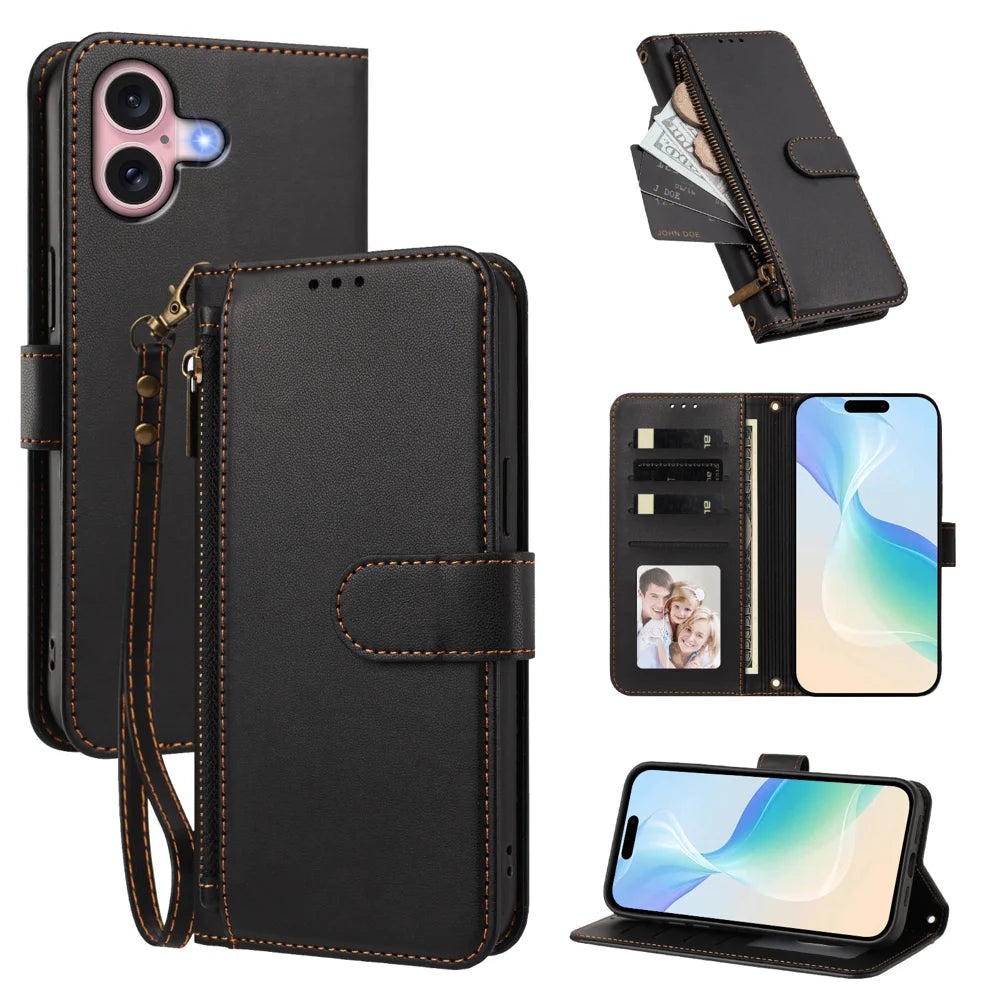 For iPhone 16 Case 4 Card Slots Wallet Stand PU Leather Phone Cover with Wrist Strap - Black - 1
