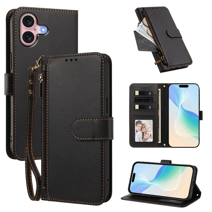 For iPhone 16 Case 4 Card Slots Wallet Stand PU Leather Phone Cover with Wrist Strap - Black - 1