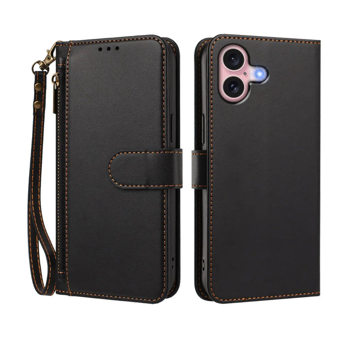 For iPhone 16 Case 4 Card Slots Wallet Stand PU Leather Phone Cover with Wrist Strap - Black - 2