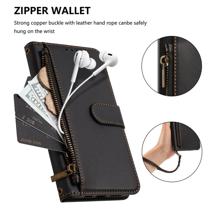 For iPhone 16 Case 4 Card Slots Wallet Stand PU Leather Phone Cover with Wrist Strap - Black - 5
