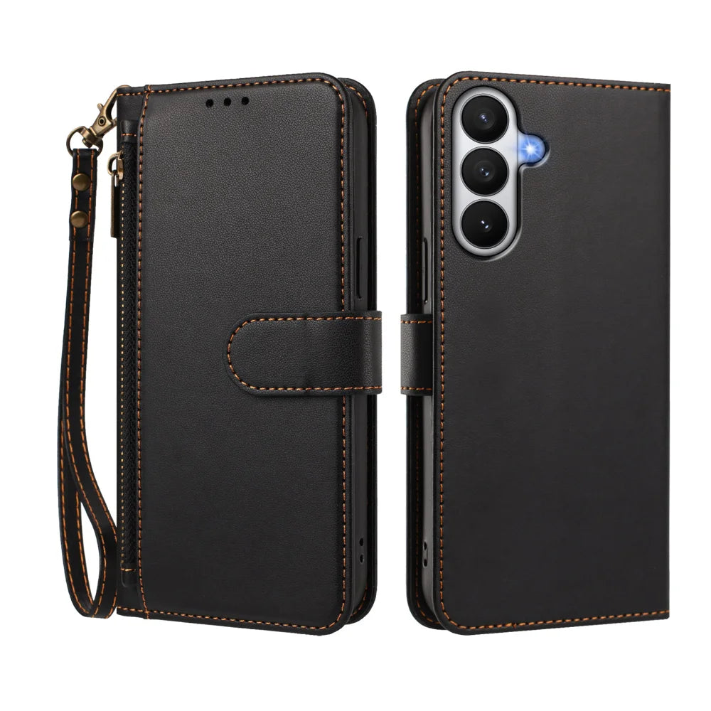 For Samsung Galaxy S26 Case 4 Card Slots Wallet Stand PU Leather Phone Cover with Wrist Strap - Black - 2