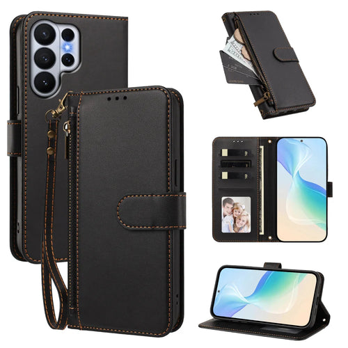 For Samsung Galaxy S26 Ultra Case 4 Card Slots Wallet Stand PU Leather Phone Cover with Wrist Strap - Black - 1