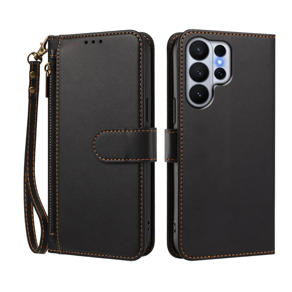 For Samsung Galaxy S26 Ultra Case 4 Card Slots Wallet Stand PU Leather Phone Cover with Wrist Strap - Black - 2