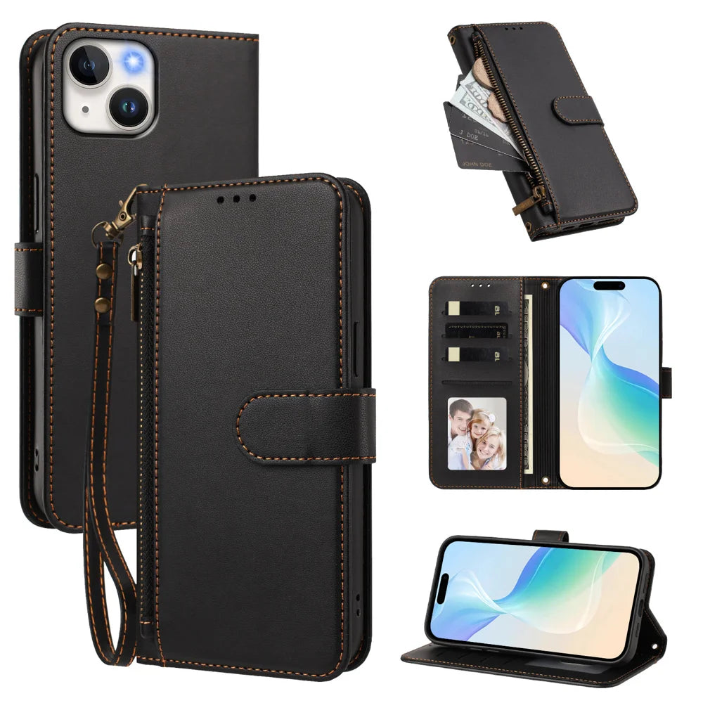 For iPhone 15 Case 4 Card Slots Wallet Stand PU Leather Phone Cover with Wrist Strap - Black - 1