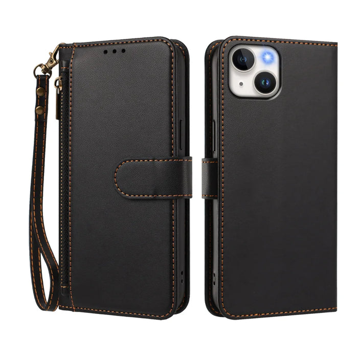 For iPhone 15 Case 4 Card Slots Wallet Stand PU Leather Phone Cover with Wrist Strap - Black - 2