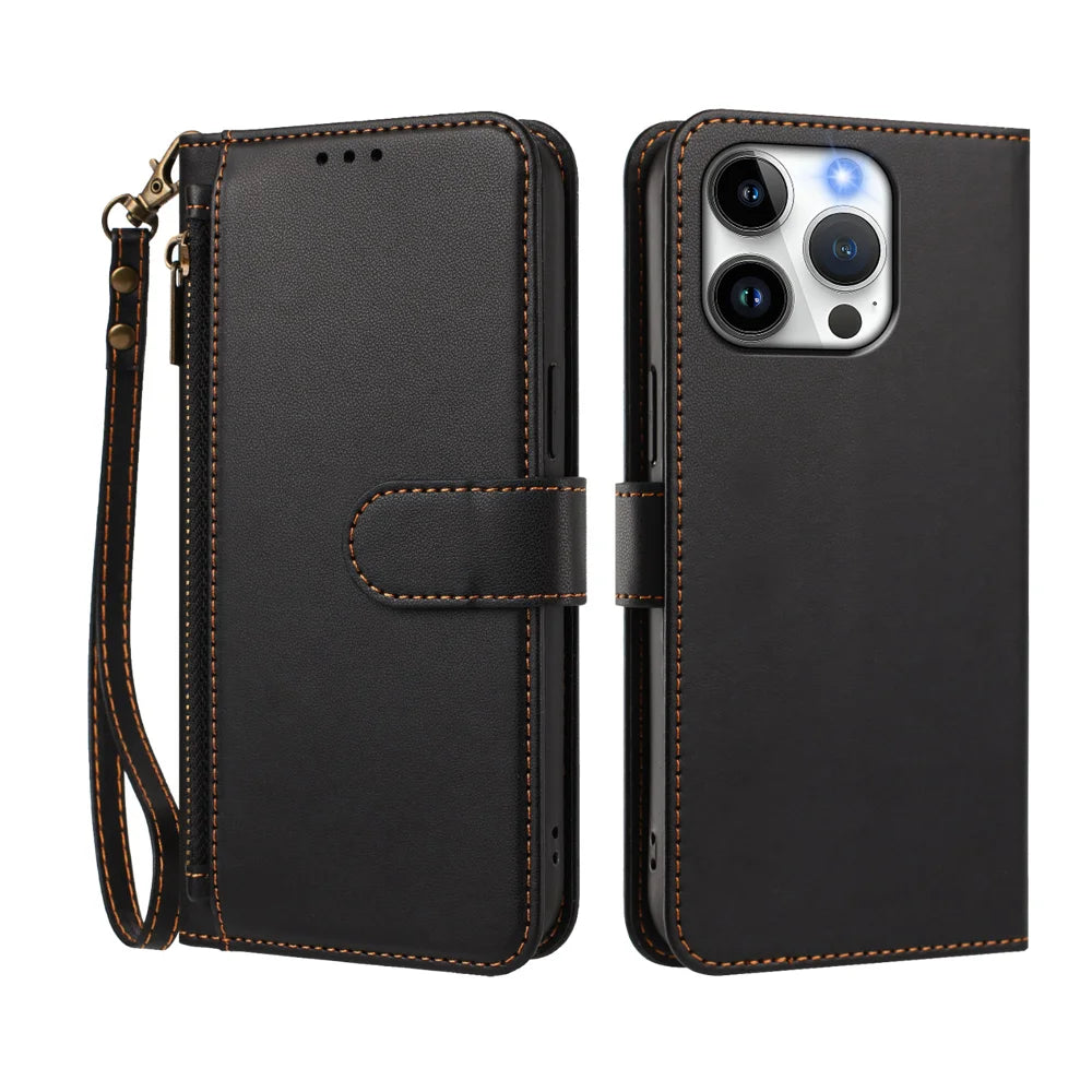 For iPhone 15 Pro Case 4 Card Slots Wallet Stand PU Leather Phone Cover with Wrist Strap - Black - 2
