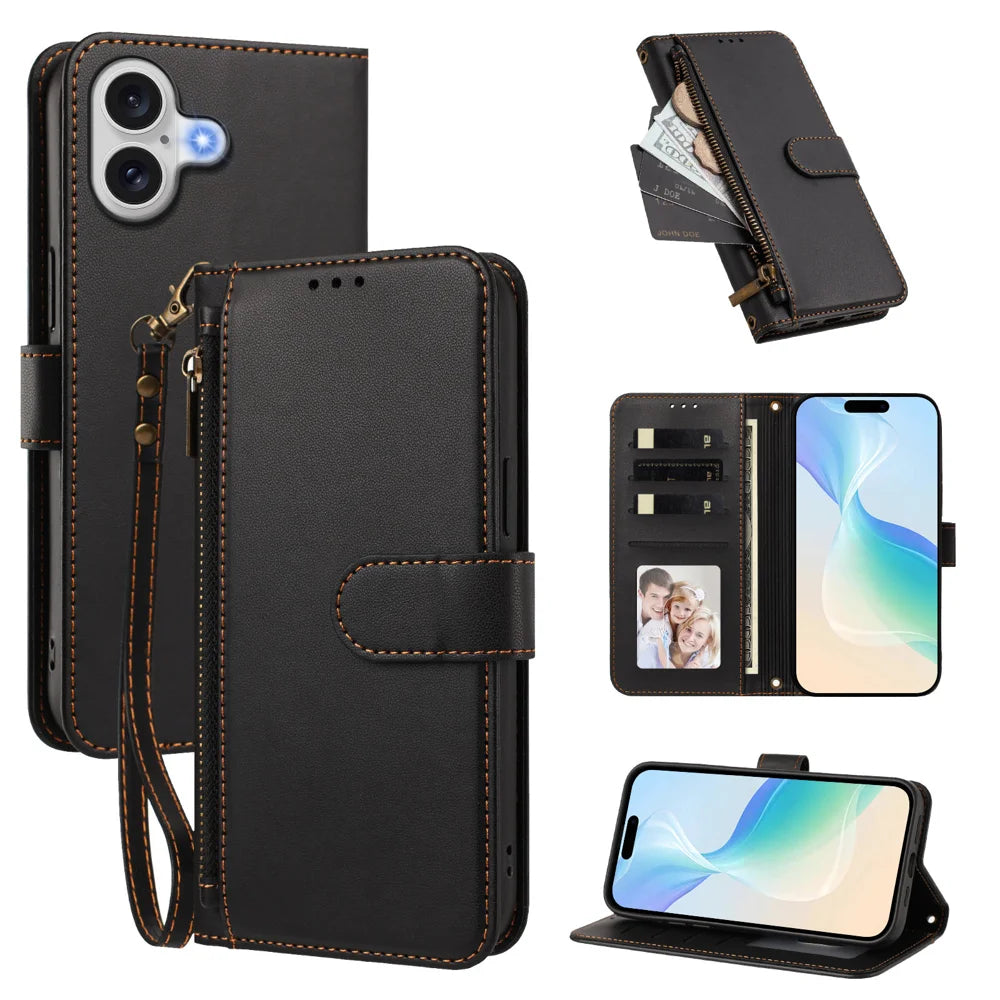 For iPhone 17 Case 4 Card Slots Wallet Stand PU Leather Phone Cover with Wrist Strap - Black - 1